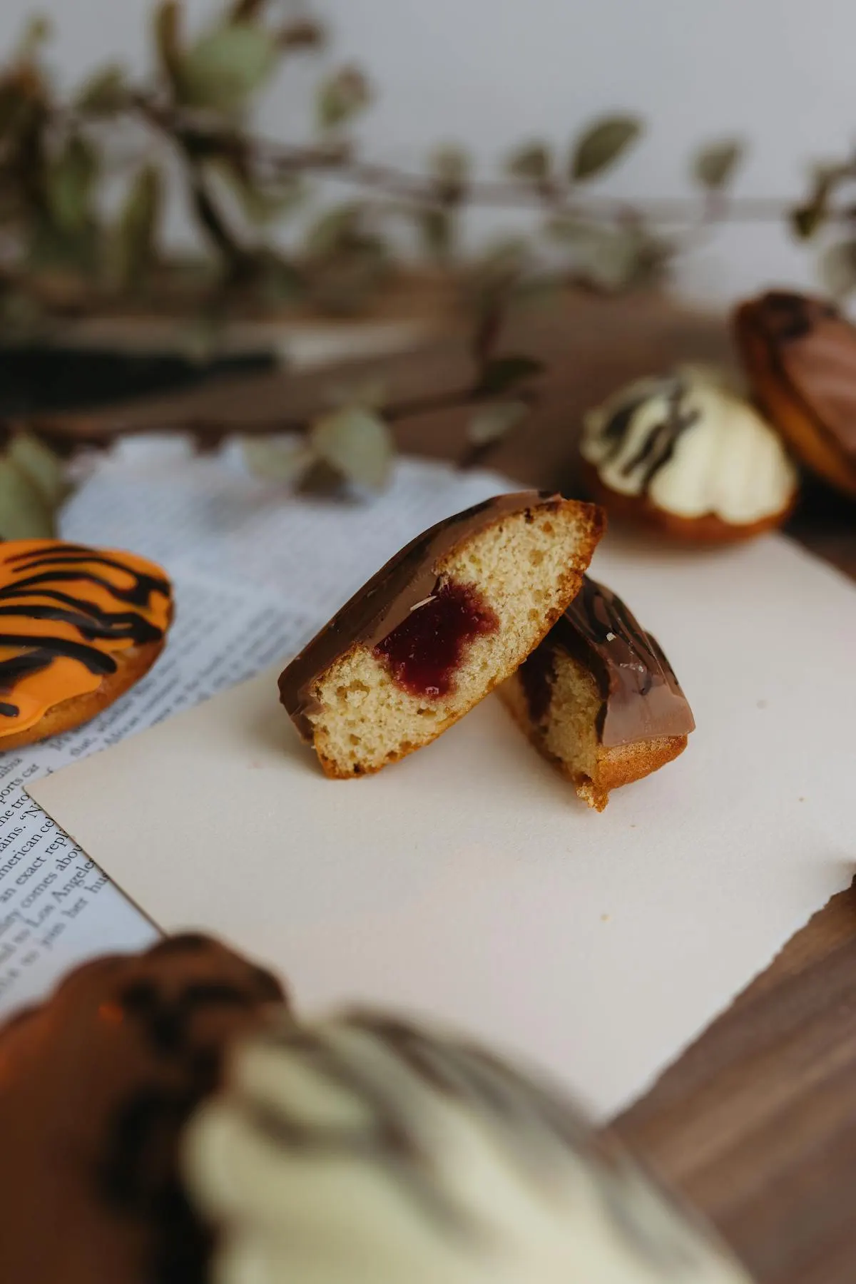 A chocolate-coated madeleine cut in half to show a dark raspberry jam center.