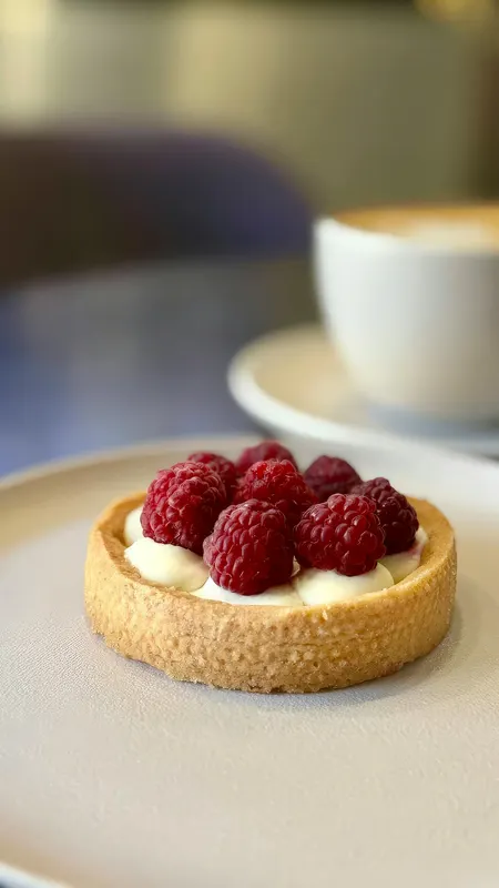 A whole raspberry tartlet — a crisp golden sablé shell with white pastry cream piped at the base, topped with fresh whole raspberries.